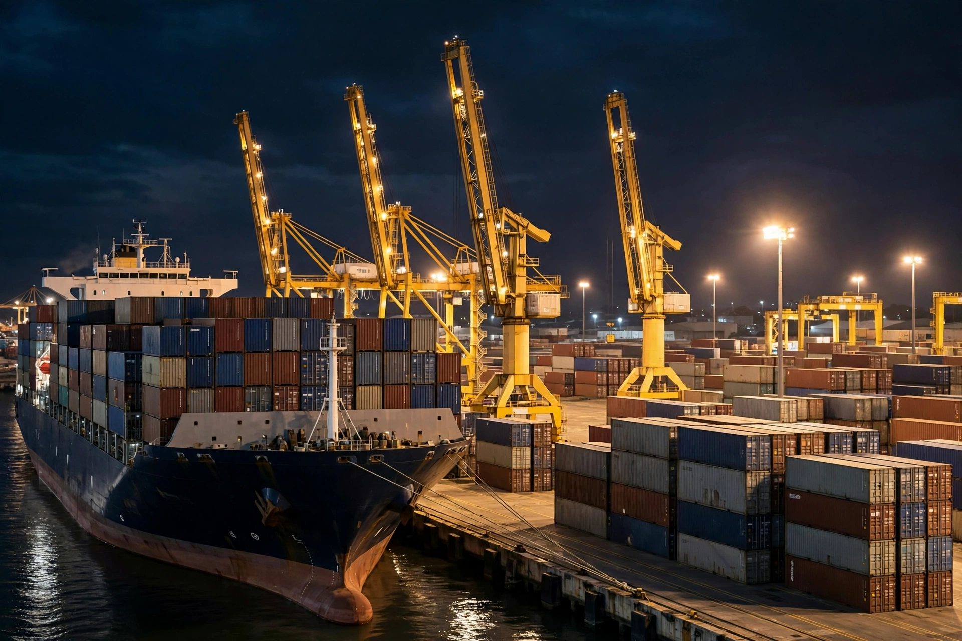 Container port at night — illustrative image